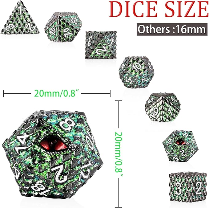 Metal Dice Set D&D,7 PCS Dragon Scale Metallic DND Dice Set,Dragon Eye Metal Dice with Grogeous Gift Case for Dungeons and Dragon Tabletop Game (Glitter Green Dragon Scale & Red Eye)