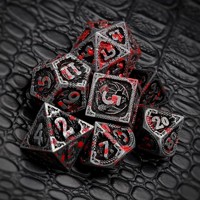 Haxtec Bloodstained Metal DND Dice Set - Antique Iron Blood Metal D&D Dice Set with Dragon Scale and Leather Dice Bag - Polyhedral Dice for Dungeons and Dragons TTRPG Gifts