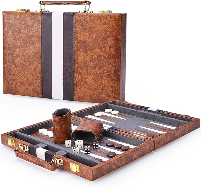 AMEROUS Backgammon Set, 11 Inches Classic Board Game withLeather Case, Folding Board, Gift Package, Portable Travel Strategy Backgammon Game Set for Adults, Kids (Small, Brown)