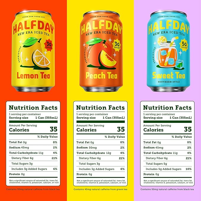 HALFDAY Prebiotic Iced Tea Lemon, Peach, Sweet Tea Variety Pack, Gut Health, Plant Fiber & Prebiotics, 3-5g of Sugar, 35 Calories, Natural Caffeine, Gluten Free, Keto 12 fl oz (12 pack)