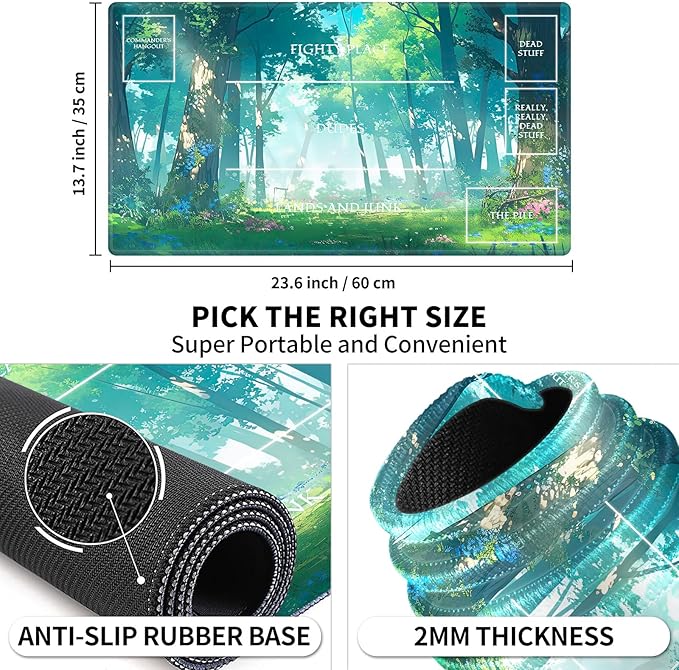 Playmat with Zones for MTG Card Game Playing, 24"x14" Commander Deck Gaming Desk Duel Mat for Beginner, Anime Woodland Forest