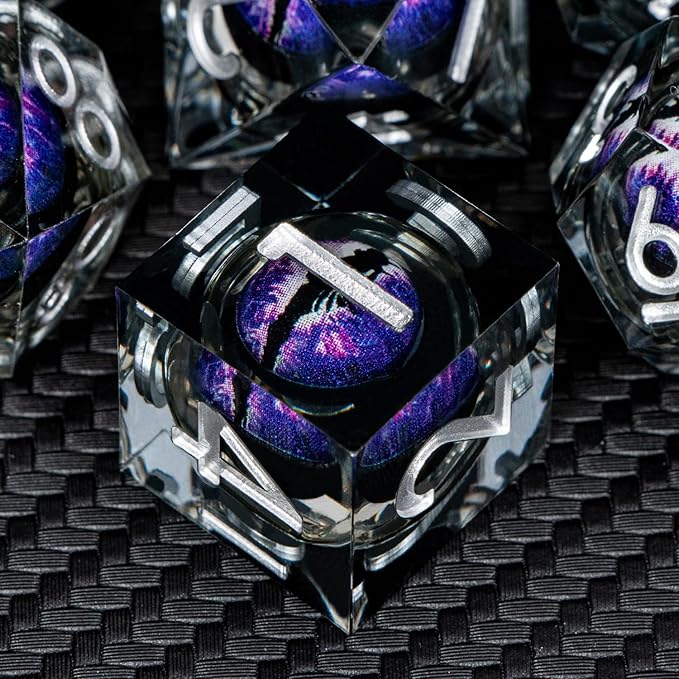 ARUOHHA DND Resin Dice Dragon Eye Dice Liquid Core Purple Sharp Edged Dice Set with Gift Box, Dungeons Polyhedral D and D Dice Set Compatible with D&D Role Playing Game D20 D12 D10 D8 D6