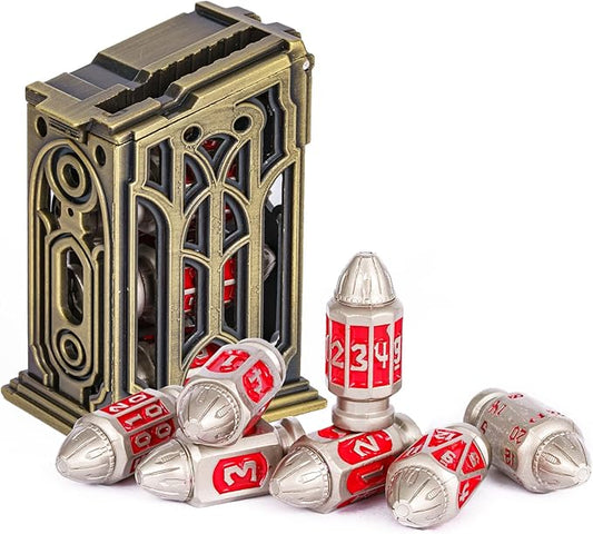 UDIXI Metal Dice Set D&D 7-Die RPG Polyhedral Bullet Dice Set Cyberpunk Style with Metal Container for Role Playing Game or Other Tabletop Games（Nickel Red）