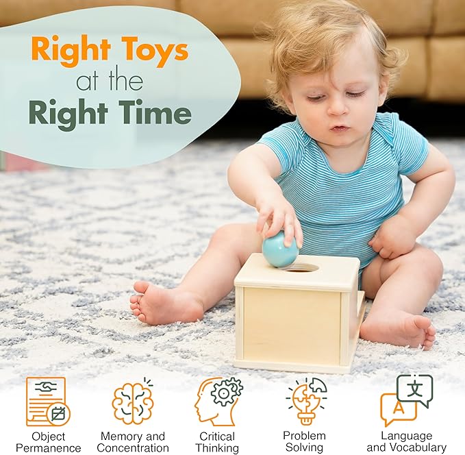 Montessori Toy Set 7-8 Months Infant Toys - Object Permanence Box, Baby Led Weaning, Feeding Set, Wooden Sensory Musical Instruments, Puzzle, Board Book, Flash Cards, Gifts Basket