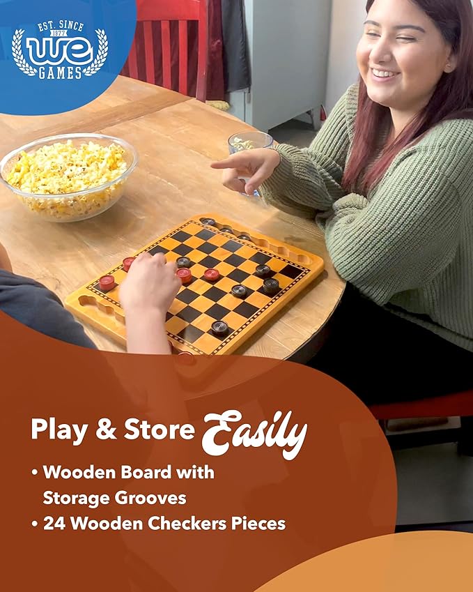 WE Games Solid Wood Checkers Board Game – 14.5-Inch Vintage Checkers Set with Inset Grooves & 24 Red & Black Board Game Pieces – Fun Family Table Game