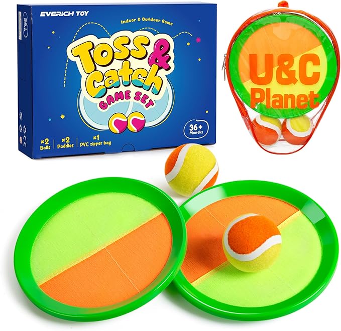 EVERICH Upgraded Toss and Catch Ball Game Set - Indoor and Outdoor Games for Kids 3-12, Beach Sand Pool Water Toy Includes 2 Paddles 2 Sticky Balls, Great Birthday Easter Gifts for Boys Girls