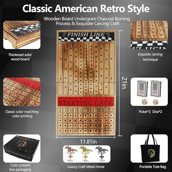 Wooden Finish Line Horse Racing Board Game Equipped with 11 Luxury Metal Craft Horses Adult Chessboard Including 2 Dice and 2 Boxes of Cards Folding Box Game Board (Light Flame)