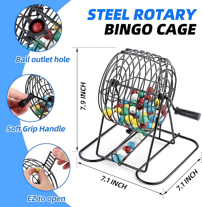 Deluxe Bingo Game Set Includes 18 Mixed Cards, 150 Vibrant Chips, 75 Calling Balls, 8” Bingo Cage - Premium Bingo Set for Large Groups and Parties