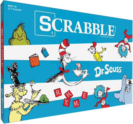 Scrabble Dr. Seuss Board Game | Official Scrabble Game with a Rhyming Twist | Custom Dr. Seuss Cards and Themed Scrabble Board | Bonus Points | Play Traditional Rules Plus New Features
