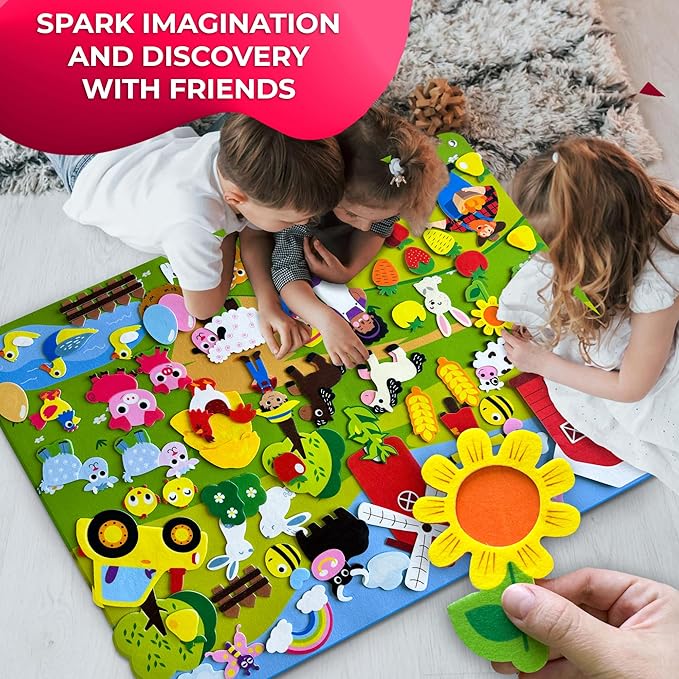 QUOKKA Farm Felt Board for Toddlers - 70 PCS Double-Thick Story Set with Large 41x30 Inch Durable Wall Activity Board - Ideal for Indoor Storytelling and Classroom Activities