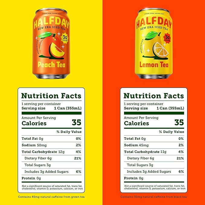 HALFDAY Prebiotic Iced Tea Peach & Lemon Variety Pack, Supports Digestive & Gut Health, 6g Plant Fiber & Prebiotics, 3g of Sugar, 35 Calories, Real Brewed Tea, Natural Caffeine, 12 fl oz (12 pack)