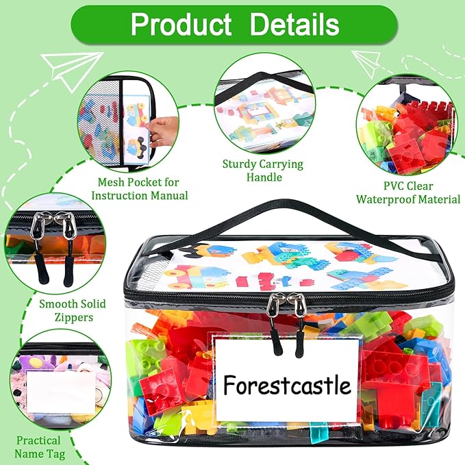 Upgraded 6 Pack Clear Toy Storage Bag - with Name Tag & Manual Pocket, Transparent PVC Toy Organizer Case with Zipper for Board Game, Building Blocks, Puzzles, Large Capacity for Kids Ages 6+ (Black)