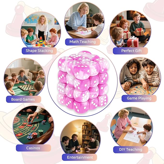 36 Pieces 12mm 6 Sided Mini Dice Set,Two Colours D6 Game Dice Set,6 Sided Standard Game Dice for Board Games Dice Games Classroom Teaching Dices Game,with Portable Gaming Box(Pink & White)