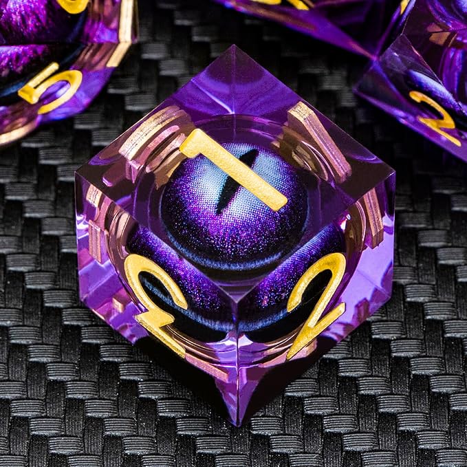 ARUOHHA DND Resin Dice Dragon Eye Dice Liquid Core Purple Sharp Edged Dice Set with Gift Box, Dungeons Polyhedral D and D Dice Set Compatible with D&D Role Playing Game D20 D12 D10 D8 D6