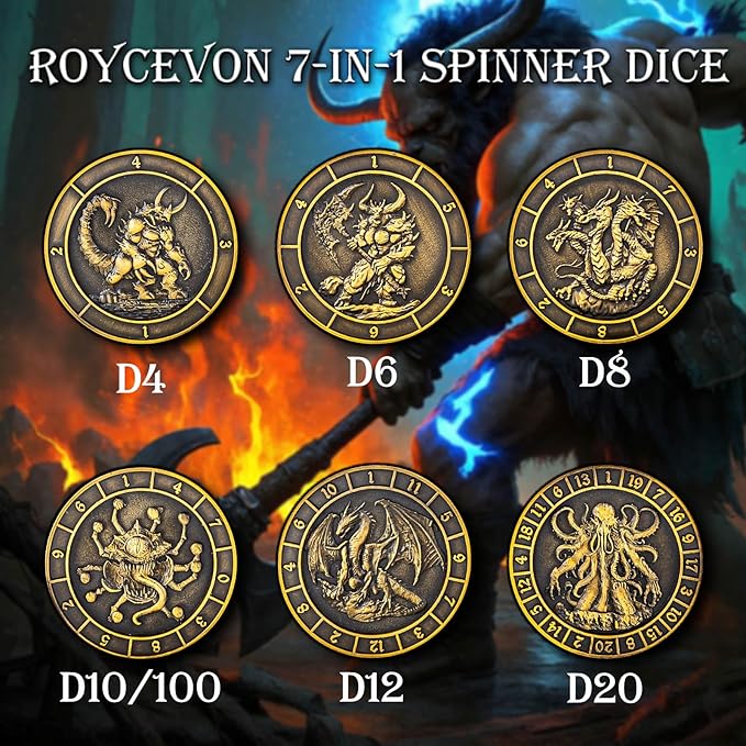 7 in 1 Spinner DND Dice Set D&D, Metal D and D Dice with Gift Box, Dungeons Dragons Role Playing Dice, Black Gold