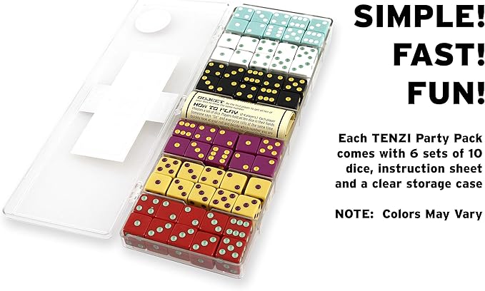 TENZI Party Pack Dice Game - A Fun, Fast Frenzy for The Whole Family - 6 Sets of 10 Colored Dice with Storage Case - Colors May Vary