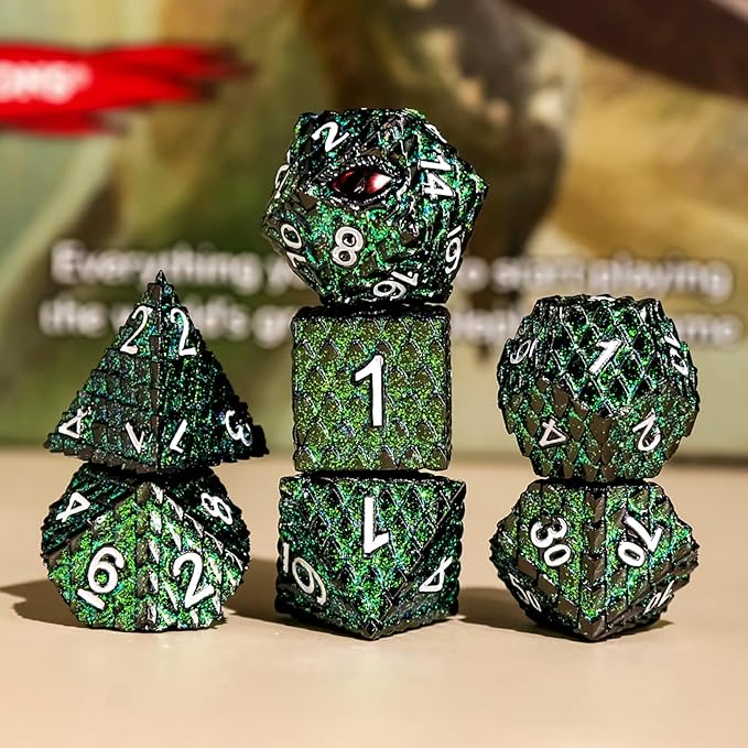 Metal Dice Set D&D,7 PCS Dragon Scale Metallic DND Dice Set,Dragon Eye Metal Dice with Grogeous Gift Case for Dungeons and Dragon Tabletop Game (Glitter Green Dragon Scale & Red Eye)
