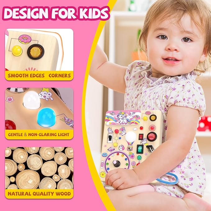 Unicorn Busy Board, Montessori Wooden Toddler Toys, Sensory Travel Toys, Ideal Gift for 1+ Year Old Girls (Unicorn Busy Board Plus V2)