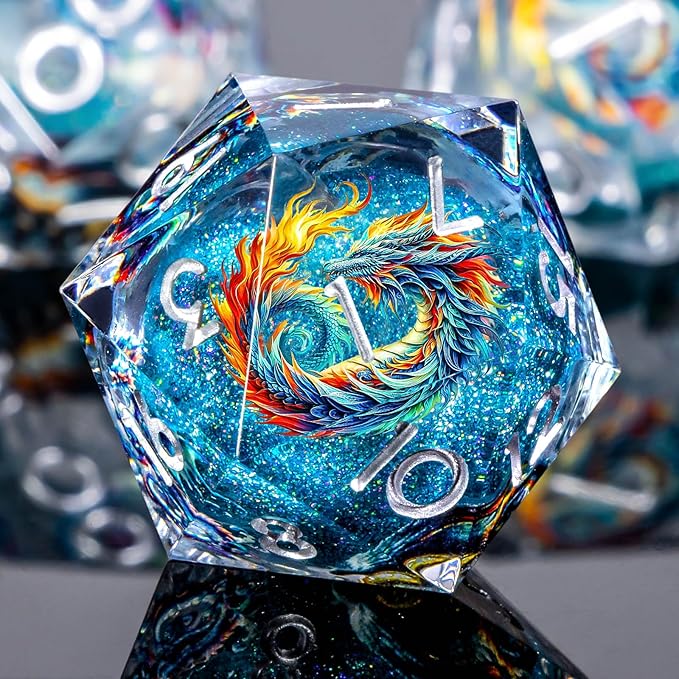 Dragon Pattern Liquid Core DND Dice Set, 7Pcs Sharp Edge D&D Dice with Gift Box, Blue Resin Dungeons Dragons D and D Role Playing Dice D20 D12 D10 D8 D6 D4