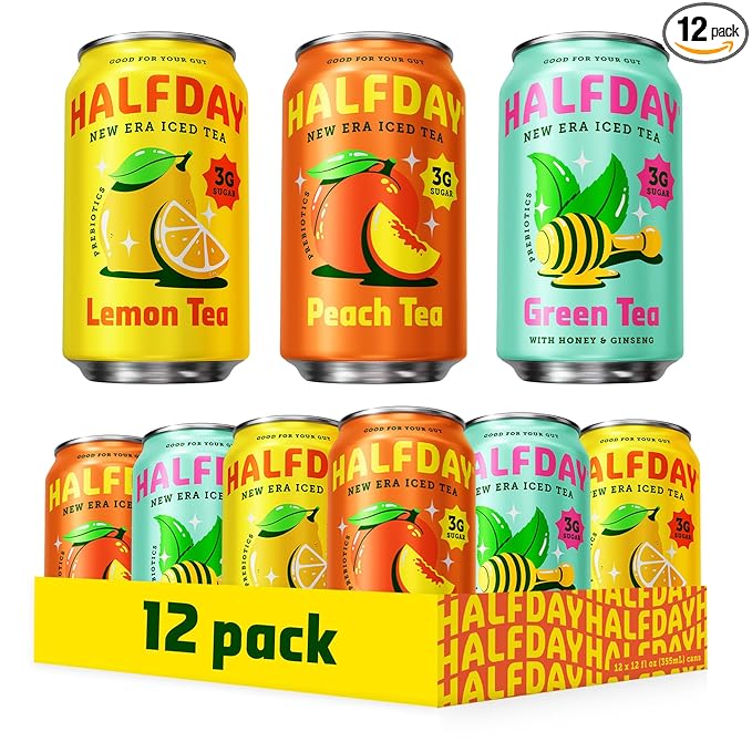 HALFDAY Prebiotic Iced Tea Lemon, Peach & Green Tea Variety Pack, Supports Digestive & Gut Health, Plant Fiber & Prebiotics, Low Sugar, 30 Calories, Natural Caffeine, Gluten Free, 12 fl oz (12 pack) Packaging May Vary