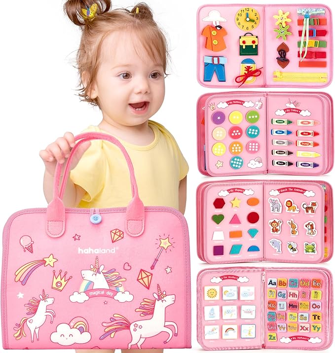 hahaland Busy Board - Montessori Toys for 2 Year Old Girl Birthday Gift, Preschool Learning Toy for 2 Year Olds, Educational Toddler Girls Car Airplane Travel Toys for Ages 2-4 One Two Year Old Gifts