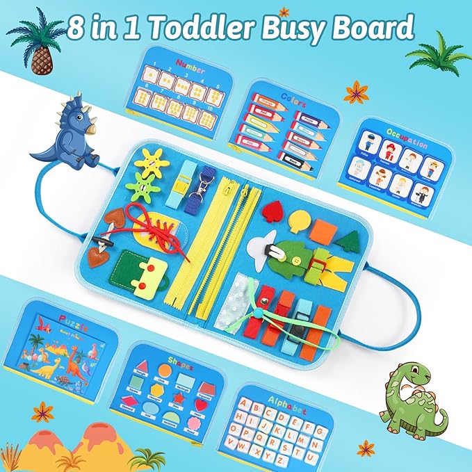 Toddler Busy Board for 1 Years Old, Montessori Learning Toys Busy Book for Toddlers 1-3 Educational Activity Basic Dress Motor Skills, Kids Birthday Gift for 2-4 Boy Airplane Car Travel Essentials