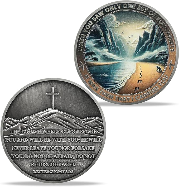 Mountain Trail Footprints Religious Coin Inspirational Bible Verse Medallion Faith-Based Gifts for Spiritual Encouragement for Men & Women