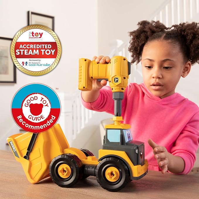 Build-A-Buddy John Deere Dump Truck Toy - Buildable Dump Truck Take Apart Toys with Toy Drill - AA Batteries Included - STEM Building Toys - Yellow - Construction Toys for Kids Ages 18 Months and Up