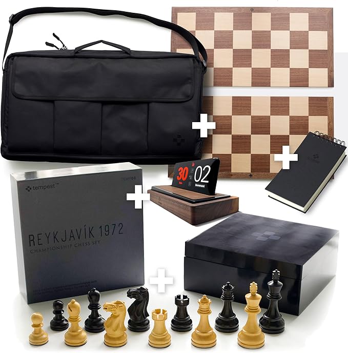 TEMPEST Ultimate Chess Ensemble :: Reykjavik 1972 Wooden Chess Set + Hardwood Portable Chess Board + Weatherproof Carry-All Bag + Lacquer Storage Box + Scorebook + Tempest Deluxe Chess Clock/Dock