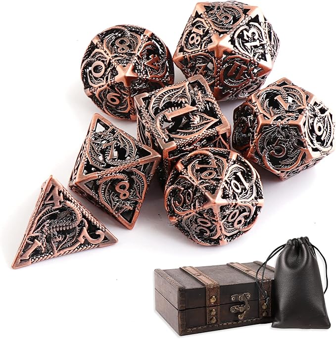 Hollow Metal DND Dice 7Pcs Set for Dungeons and Dragons RPG MTG Table Games D&D Pathfinder Shadowrun and Math Teaching,Large D4,D6,D8,D10,D12,D20 freaky multi sided Dice Set D and D Dice with Gift Box