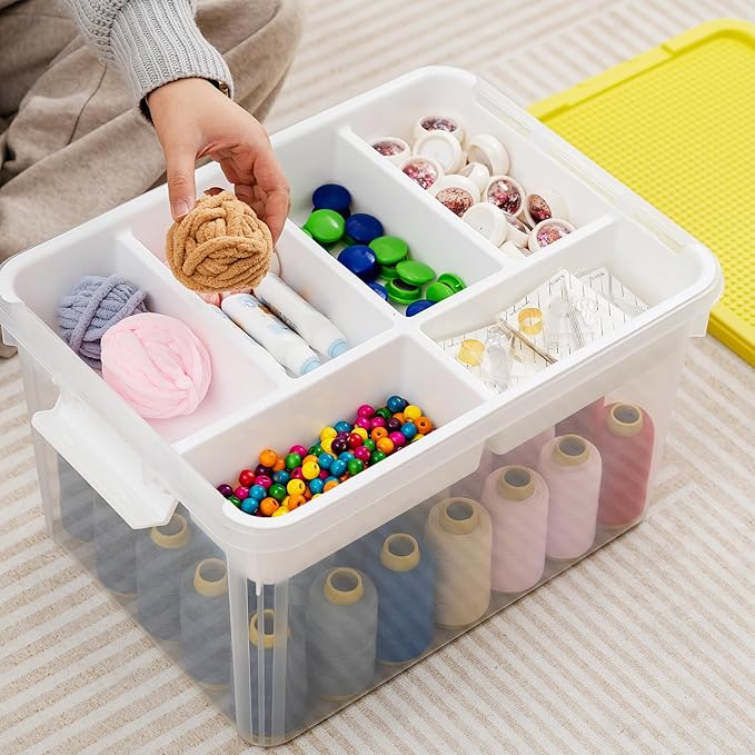 Citylife 32 QT Plastic Storage Box with Removable Tray Craft Organizers and Storage Clear Storage Container for Organizing Bead, Tool, Sewing, Playdoh, 4 Packs-Yellow