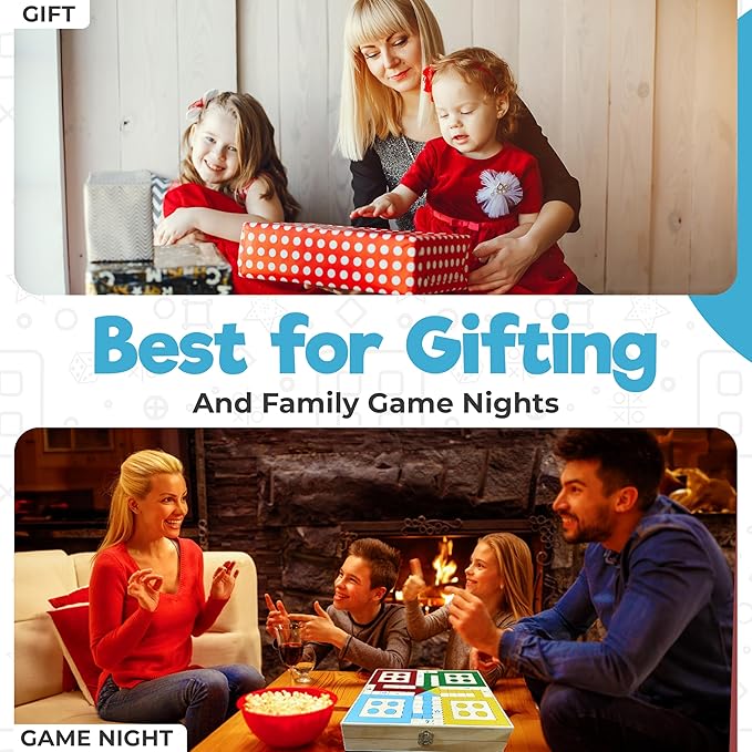 Double Sided 4-in-1 Board Games - Fast Sling Puck Game | Ludo Board Game | Tic Tac Toe Game | Chinese Checkers Board Game | Family Board Games for Kids and Adults | Wooden Board Games for Family Night