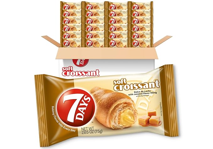 7Days Soft Croissant, Caramel - Dulce De Leche (24 Pack), Breakfast Pastry, Individually Wrapped On The Go Snack, Non-GMO (Pack of 24)