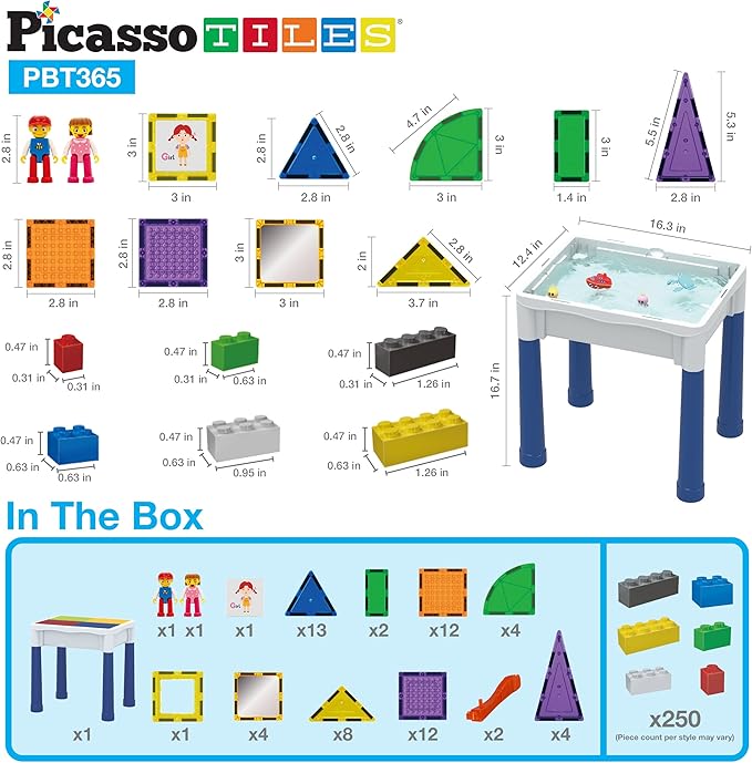 PicassoTiles 316 PCs Activity Table with Magnetic Tiles and Building Brick Blocks, Playset Table with Magnetic Action Figures & Storage Included, Can be Use as Water & Sand Tables STEM Toys Ages 3+