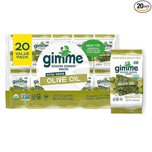 Gimme Seaweed Organic Premium Roasted Seaweed Snacks, Extra Virgin Olive Oil, 20 Count, Keto, Vegan, Gluten-Free, Great Source of Omega3s and Iodine, Healthy On-The-Go Snack for Kids and Adults