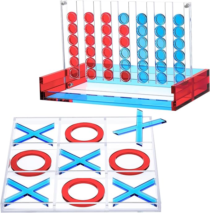 Set of 2 Acrylic Tic Tac Toe and 4 in a Row Game Classic Board Outdoor Games for Adults and Family Table Games Strategy Board Games for Living Room Table Guest Room Decor(Red and Blue)