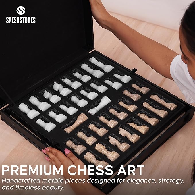 Marble Chess Set 15 Inch White & Travertine Checkers Board Game with Pieces, 2 Extra Queens and Storage Box, Strategy Set for Adults & Family, Travel, Tabletop Play