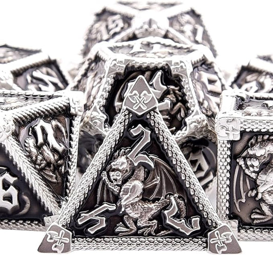 AUSTOR 7-Die Metal DND Dice Set Dungeons and Dragons Polyhedral Roll Playing Dice with Box D20 D12 D10 D% D8 D6 D4 for Pathfinder MTG RPG Board Games