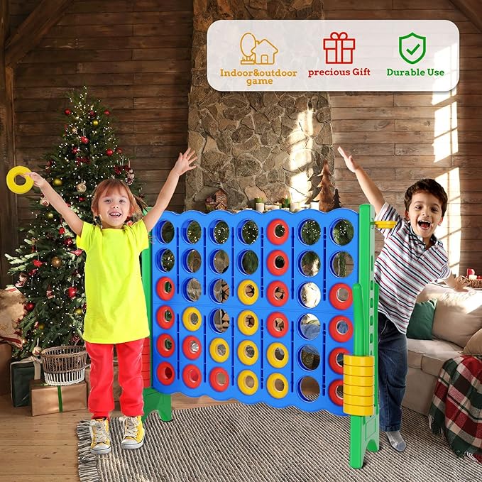Oversized 4 in a Row Connect Game+Waterproof Carry Bag,Included-4 ft X 3.5 ft Tall,4-to-Score Jumbo with 42 Pieces Rings&Drink Holder,48” Super Size-Indoor&Outdoor Giant 4 Game for Kids&Adults