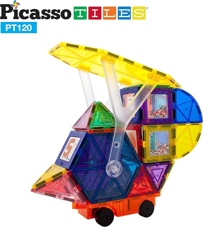 PicassoTiles 120pc Master Builder Magnetic Building Block Construction Set Toy Blocks with Ferris Wheel, Castle Click-in, 28 Educational Alphabet Animal and Number Graphic Card, Car Truck Windmill