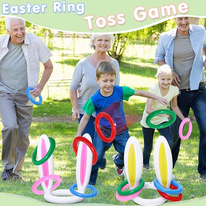 26pcs Easter Games for Kids Outdoor Potato Sack Race Bags Inflatable Bunny Ears Ring Toss Game Egg and Spoon Pin The Tail on The Bunny Game for Party Favors