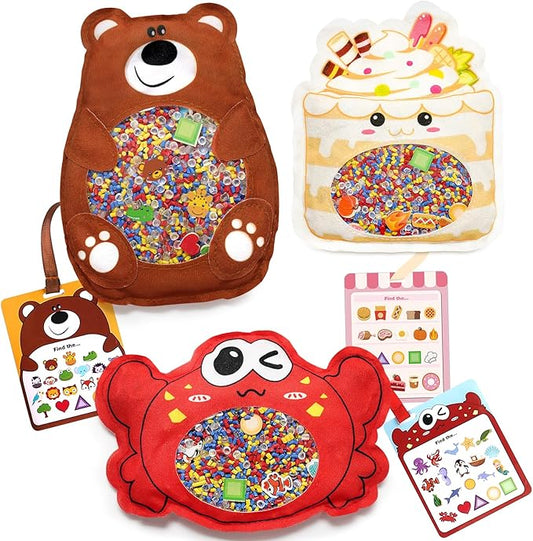 Joyreal Hide and Seek Busy Bag- 3 Pack Seek and Find Hidden Object Game, Sensory Hidden Object Search Problem Solving Travel Game for Kids 3+, Including Alphabet, Food, Fish, Animal (3)