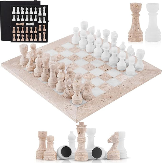 Marble Chess Set 15 Inch Travertine & White Checkers Board Game with Pieces, 2 Extra Queens and Storage Box, Strategy Set for Adults & Family, Travel, Tabletop Play