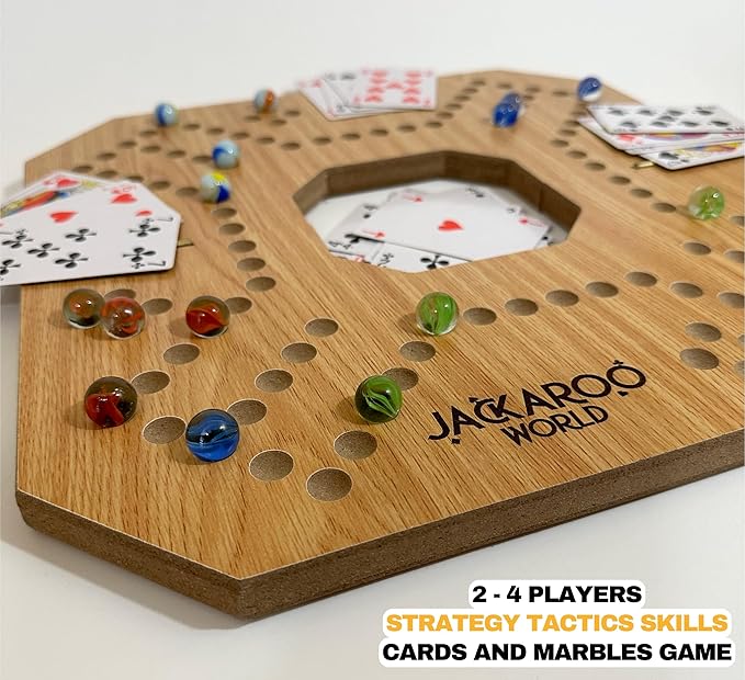 Jackaroo Board Game - 2-4 Player Marble Board Games - Marble Strategy Game - Carbles game with Cards - Marbles and Jokers Board Game Wooden Wahoo Game Board Foldable Dirty Marbles Strategy Games (Oak)