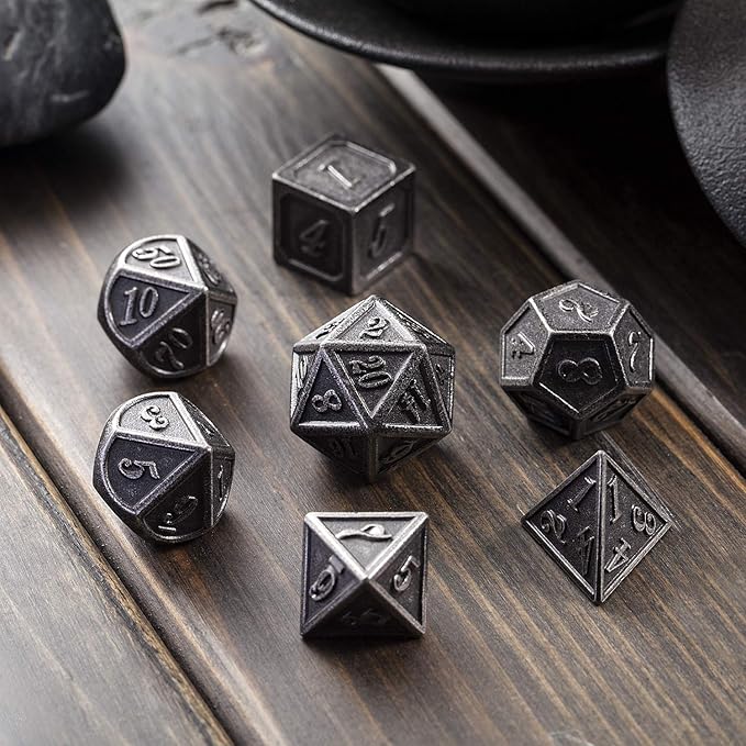 DnDnD Acient Silver Metal DND Dice Set, 7PCS D&D Metal Dice with Metal Case for Dungeons and Dragons, Shadowrun, Pathfinder, Savage World and Table Games