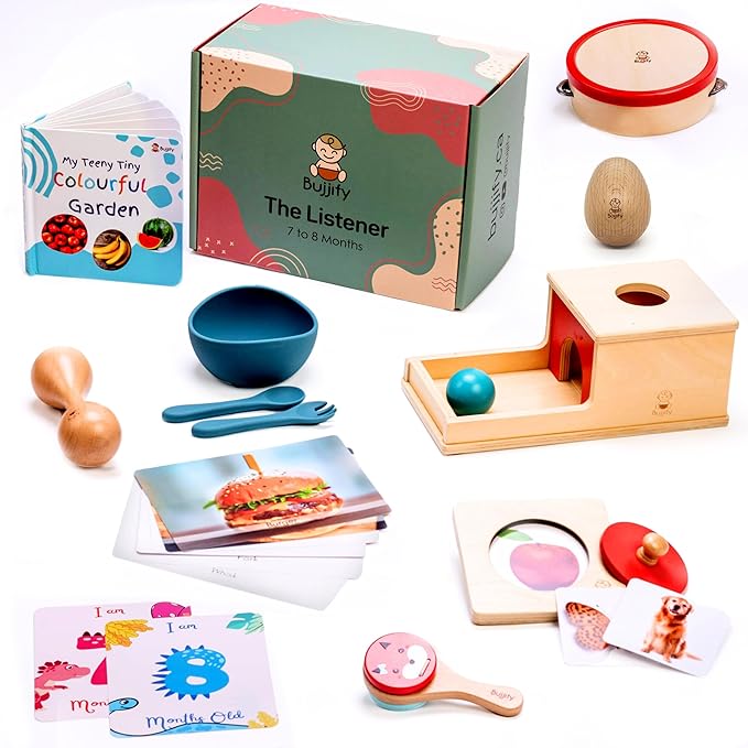 Montessori Toy Set 7-8 Months Infant Toys - Object Permanence Box, Baby Led Weaning, Feeding Set, Wooden Sensory Musical Instruments, Puzzle, Board Book, Flash Cards, Gifts Basket