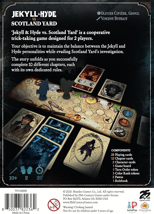 Jekyll and Hyde vs Scotland Yard, Two Player Cooperative Trick Taking Card Game - 25th Century Games