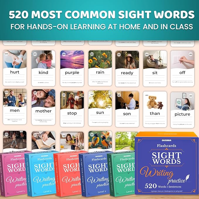 QUOKKA 520 Sight Words Flash Cards for Kids Adults – from Pre-K to 3rd Grade – 5 Levels & Bold Font & Jumbo Size & Dry Erase Cards with Realistic Images & Rings – Based on Dolch & Fry Word Lists