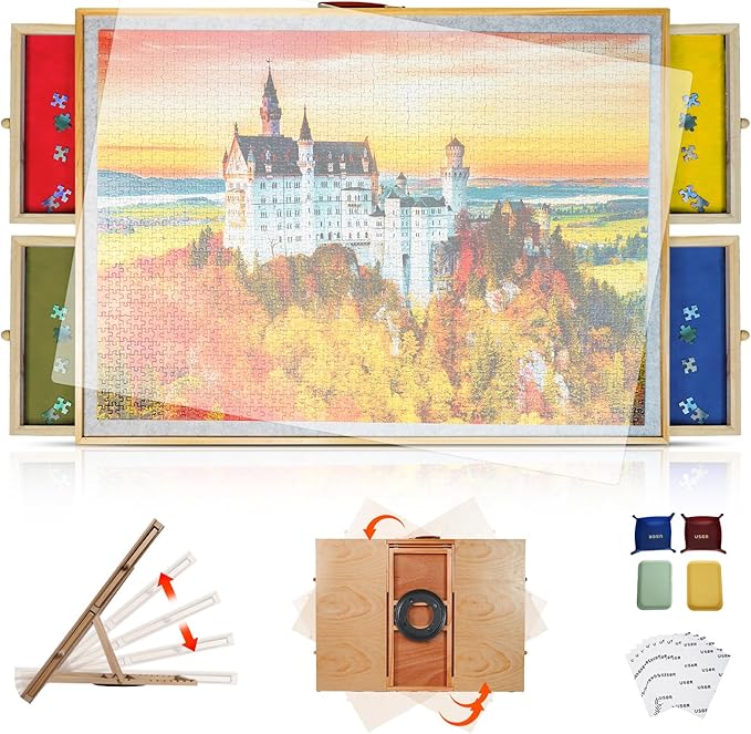2-in-1 Rotating & Tilting Puzzle Table 1500 Pieces, 36"x26" Wooden Puzzle Board with Drawers, Lazy Susan Base, Cover, Storage Trays & Handle, Gift for Adults & Seniors, Varnished