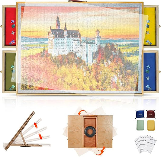 2-in-1 Rotating & Tilting Puzzle Table 1500 Pieces, 36"x26" Wooden Puzzle Board with Drawers, Lazy Susan Base, Cover, Storage Trays & Handle, Gift for Adults & Seniors, Varnished